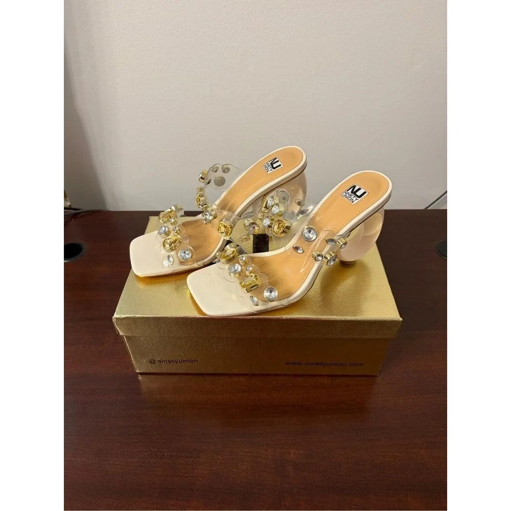 Ninety‎ Union Joyful Ivory Crystal Embellished Clear Strap Circle Heel Sandals 7